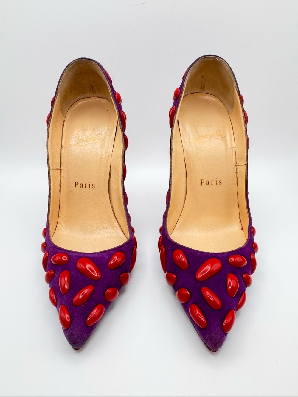 Christian Louboutin So Kate So Nail 120 Purple Suede Red Stud Pumps EU 36.5